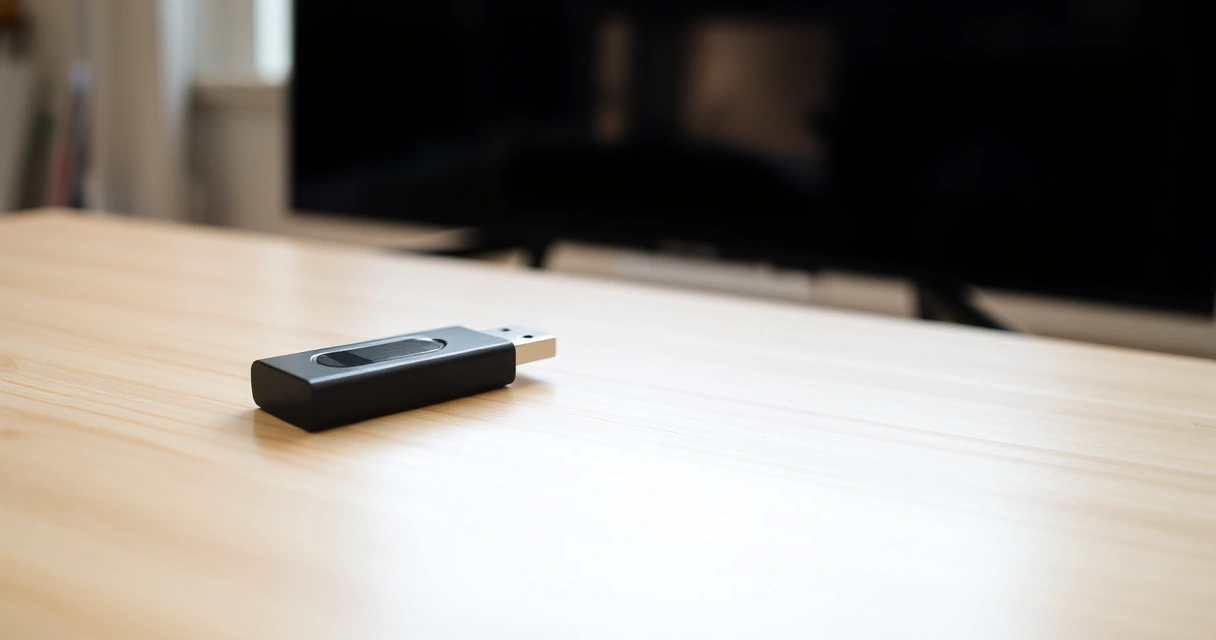 Pen drive preto sobre mesa de madeira em frente a uma televisão desligada